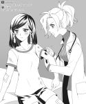  2girls artist_name atobesakunolove bandaid_on_forehead bandaid_on_leg bandaid_on_shoulder bangs blush braid collarbone doctor dress eye_of_horus facebook facebook_address facial_mark facial_tattoo greyscale hair_tubes highres injury labcoat long_sleeves looking_away mercy_(overwatch) monochrome multiple_girls open_mouth overwatch pharah_(overwatch) pocket ponytail profile ribbed_sweater shirt short_hair short_sleeves shorts side_braids sitting stethoscope sweater sweater_dress swept_bangs tattoo twitter twitter_username watermark web_address 