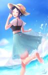  1girl absurdres bangs barefoot black_hair blush breasts closed_eyes dutch_angle hat hayami_kanade highres idolmaster idolmaster_cinderella_girls ilo ocean open_mouth parted_bangs short_hair smile soles solo splashing toes water 