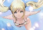  1girl absurdres bikini blonde_hair breasts erect_nipples freediving highres long_hair looking_at_viewer okuto original smile solo swimming swimsuit twintails underwater 