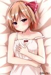  1girl artist_name bare_shoulders blonde_hair blush camisole hair_ribbon hand_on_breast highres looking_at_viewer lying on_back pokio red_eyes ribbon rumia short_hair solo strap_slip touhou 