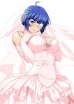  00s 1girl ahoge blue_hair breasts bridal_veil dress elbow_gloves eyebrows eyebrows_visible_through_hair eyepatch gloves green_eyes ikkitousen large_breasts library long_hair mole mole_under_mouth pink_dress pink_gloves ryomou_shimei see-through short_hair simple_background solo veil voile wedding_dress white_background 