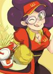  1girl blush cleavage french_fries glasses licking_lips looking_at_viewer mcdonalds one_eye_closed pokemon purple_hair solo tongue wicke_(pokemon) wink yellow_eyes 