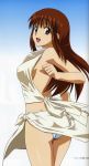  00s 1girl ass back bandai bare_legs breasts brown_eyes brown_hair doi_shizuha female gradient gradient_background highres long_hair looking_at_viewer looking_back open_mouth panties scan shiny shiny_skin solo stratos_4 underwear yamauchi_noriyasu 
