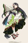  1girl adjusting_hair black_eyes black_hair blush bridal_gauntlets commentary_request floating floral_print japanese_clothes kantai_collection long_hair looking_back mizuho_(kantai_collection) obi sash smile solo ume_(plumblossom) very_long_hair white_background 