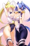  2girls :d :t ;d arm_up armpits blonde_hair blue_hair blue_ribbon blush breast_press breasts buttons center_opening cleavage duel_monster epaulettes eyebrows green_eyes green_nails hair_ornament hand_holding hand_on_breast high_ponytail highres horn interlocked_fingers large_breasts leotard long_sleeves looking_at_viewer midriff multicolored_hair multiple_girls nail_polish navel one_eye_closed open_mouth performapal_corn performapal_uni pink_hair pink_nails ponytail red_eyes ribbon single_horn sleeveless smile symmetrical_docking tail tied_hair twintails two-tone_hair wrist_cuffs yanazuri_(kimossari337) yu-gi-oh! 