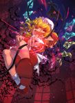  1girl bat blonde_hair crystal dutch_angle fang flandre_scarlet full_body glowing hat hat_ribbon kazeto laevatein mary_janes mob_cap nail_polish open_mouth pointy_ears red_eyes ribbon shoes side_ponytail smile socks solo touhou white_legwear wings 