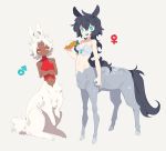  10r 1boy 1girl :d animal_ears black_hair blue_eyes carrot centaur centauroid dark_skin mars_symbol monster_boy monster_girl navel original venus_symbol white_hair 