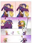  2boys 2girls ? afterimage alderion-al aqua_eyes blonde_hair cape circlet comic directional_arrow elbow_gloves floral_background gloves green_eyes highres hug link mask mask_removed multiple_boys multiple_girls pointy_ears princess_hilda princess_zelda purple_hair ravio smile speed_lines spoilers squiggle staff the_legend_of_zelda the_legend_of_zelda:_a_link_between_worlds white_gloves wrist_cuffs you&#039;re_doing_it_wrong 