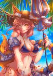  1girl absurdres animal_ears beach bikini bracelet breasts cleavage closed_umbrella collarbone fate/extra fate/grand_order fate_(series) fox_ears fox_tail groin highres jewelry large_breasts navel parasol pink_hair solo star summer swimsuit tail tamamo_(fate)_(all) tamamo_no_mae_(swimsuit_lancer)_(fate) umbrella under_boob yellow_eyes yuureiko 