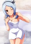  1girl aokura_shou bare_shoulders bathing bathroom bathtub blue_hair breasts cleavage collarbone eas fresh_precure! higashi_setsuna highres looking_at_viewer naked_towel precure red_eyes short_hair smile solo thighs tiles towel wet_hair wink 