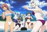  00s 6+girls aoki_kiriko ass bandai bare_legs barefoot beach bent_over betty_boozeman bikini braid breasts chris_calman cleavage dark_skin dated doi_shizuha female glasses highres honjo_mikaze kikuhara_karin long_hair looking_back multiple_girls nakamura_ayamo ninomiya_mana official_art one-piece_swimsuit running scan shiny shiny_skin short_hair sitting stratos_4 swimsuit tachibana_mirei tsr-2 twintails water yamauchi_noriyasu 