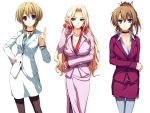  3girls akatsuki_no_goei blonde_hair blue_eyes breasts brown_hair business_suit choker cleavage hiiragi_akemi jewelry large_breasts light_brown_hair looking_at_viewer miyagawa_kiyomi multiple_girls necklace open_mouth sakurazaka_fuuko short_hair simple_background smile tomose_shunsaku violet_eyes white_background 