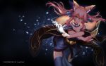  1girl animal_ears bad_id bad_pixiv_id bell bell_collar blue_legwear bow breasts cleavage collar detached_sleeves fate/extra fate/grand_order fate_(series) fox_ears fox_tail hair_bow hair_ribbon highres japanese_clothes large_breasts looking_at_viewer pink_hair ribbon scal2let solo tail tamamo_(fate)_(all) tamamo_no_mae_(fate) yellow_eyes 