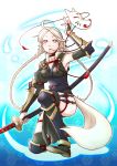  1girl ahoge alternate_costume aqua_eyes braid breasts cleavage ebi_puri_(ebi-ebi) eponine_(fire_emblem_if) fire_emblem fire_emblem_if fox_tail katana kunai long_hair mask mask_removed sandals solo sword tail twin_braids weapon white_hair 