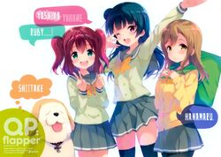  3girls ;d absurdres artist_name black_hair black_legwear black_skirt blush bow bowtie brown_eyes brown_hair cardigan character_name chestnut_mouth clenched_hand closed_eyes collar dog english green_eyes grey_skirt group_name hair_between_eyes hair_bun hands_on_own_chest highres holding kunikida_hanamaru kurosawa_ruby long_hair long_sleeves looking_at_viewer love_live! love_live!_sunshine!! multiple_girls one_eye_closed open_mouth orange_bow orange_bowtie outstretched_arm pantyhose pink_eyes pleated_skirt qp:flapper redhead scan school_uniform shiitake_(love_live!_sunshine!!) skirt smile speech_bubble standing thigh-highs thought_bubble tongue tongue_out tsushima_yoshiko two_side_up v v_over_eye w watermark web_address white_background 