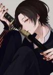  1boy androgynous beauty_mark brown_hair collared_shirt earrings grey_background half-closed_eyes hiki_yuichi jewelry kashuu_kiyomitsu katana knees_up long_hair looking_at_viewer male_focus military_uniform mole mole_under_mouth nail_polish personification ponytail red_eyes red_nails simple_background solo sword touken_ranbu weapon 