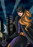 1girl batarang batgirl batman_(series) belt blonde_hair blue_eyes cape city dc_comics gauntlets mask solo stephanie_brown 