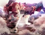  1girl bow brown_hair cherry_blossoms hair_bow highres holding holding_weapon inu_x_boku_ss pink_eyes roromiya_karuta shirt solo thigh-highs tonfa two_side_up weapon white_legwear white_shirt 