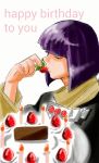  1boy artist_request demon english food from_side looking_at_viewer one_eye_closed priest purple_hair simple_background slayers solo strawberry xelloss 