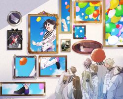  3girls 6+boys absurdres afro arms_behind_back art_gallery black_hair blonde_hair blue_sky brown_hair buttons checkered_clothes checkered_scarf clown_mask clown_nose clown_wig commentary danganronpa_(series) danganronpa_v3:_killing_harmony dice_members_(danganronpa) flipped_hair hair_between_eyes happy highres long_hair long_sleeves mamt56 mask multicolored_buttons multiple_boys multiple_girls oma_kokichi open_mouth picture_frame sad scarf short_hair sky smile solo_focus spoilers straitjacket too_many_balloons two-tone_scarf violet_eyes 