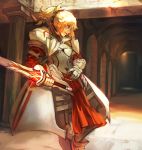  1girl armor blonde_hair boots breastplate fate/grand_order fate_(series) gauntlets gp holding holding_weapon indoors looking_to_the_side ponytail saber_of_red solo standing sword weapon 
