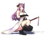  1girl bare_shoulders black_gloves black_legwear blue_eyes boots breasts cow_girl cow_horns dress elbow_gloves female fighting_pose gloves granblue_fantasy hair_ornament hair_over_one_eye hairclip horns huge_breasts katana long_hair looking_at_viewer narumeia_(granblue_fantasy) pointy_ears purple_hair simple_background solo squatting sword taka_(vert_320) thigh-highs thighs weapon white_background 