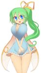  1girl asymmetrical_hair blue_eyes breasts bursting_breasts cleavage daiyousei fairy_wings green_hair hair_ribbon huge_breasts kuresento long_hair open_mouth ribbon side_ponytail solo thighs touhou undersized_clothes very_long_hair white_background wings 