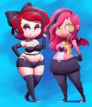  2girls blush cleavage fishnets high_heels midriff multiple_girls outta_sync pink_eyes pink_hair redhead shorts skirt thick_thighs thong wide_hips wings yellow_eyes 