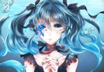  1girl black_bow black_dress black_outfit blue_eyes blue_hair bow crying deep-sea_girl dress female flower hair_bow hair_ornament hands_clasped hatsune_miku highres long_hair looking_at_viewer nail_polish praying ribbon sad solo sona tied_hair twintails underwater vocaloid water 