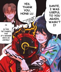  1other 2boys arm_tattoo black_hair black_shirt blade_to_throat blazer blue_shirt chain chain_necklace clock closed_eyes collared_shirt comic_sans dante_(limbus_company) earrings english_text flaming_head floral_print_shirt grey_hair hawaiian_shirt holding holding_knife hong_lu_(project_moon) hug jacket jewelry knife lapels limbus_company multiple_boys necklace object_head other_with_male parted_bangs ponytail project_moon red_jacket scar scar_on_face shirt single_earring smile striped_clothes striped_jacket tattoo tingtang_gang_(identity)_(project_moon) vergilius_(project_moon) vertical-striped_clothes vertical-striped_jacket whatever_inmind 