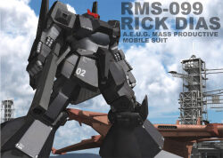  3d aeug aircraft bazooka_(gundam) building cable character_name clouds commentary_request english_text fake_screenshot gundam mecha mecha_focus mobile_suit rick_dias robot roundel science_fiction tomholy tower zeta_gundam zeta_gundam_define 