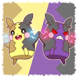  border bright_pupils commentary_request electricity glowing highres holding_hands morpeko morpeko_(full) morpeko_(hangry) no_humans no_pupils open_mouth outline pokemon pokemon_(creature) red_eyes teeth tongue white_border white_pupils zitome_i 