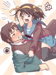  1boy 1girl anger_vein blazer blue_sailor_collar blue_skirt blush brown_eyes brown_hair brown_pants brown_sweater_vest clenched_teeth collared_shirt green_jacket hair_ribbon hairband hand_on_another&#039;s_cheek hand_on_another&#039;s_face highres jacket kita_high_school_uniform kyon long_sleeves medium_hair necktie open_clothes open_jacket open_mouth pants pleated_skirt red_necktie red_ribbon ribbon sailor_collar school_uniform serafuku shirt short_hair skirt spoken_anger_vein spoken_squiggle squiggle suzumiya_haruhi suzumiya_haruhi_no_yuuutsu sweater_vest taiki_(6240taiki) teeth tongue white_shirt winter_uniform yellow_hairband yellow_ribbon 