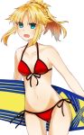  1girl bikini blonde_hair blush breasts cleavage cowboy_shot fang fate/apocrypha fate/grand_order fate_(series) front-tie_top green_eyes groin mordred_(swimsuit_rider)_(fate) navel open_mouth ponytail red_bikini rinno_ugomemo saber_of_red side-tie_bottom solo surfboard swimsuit white_background 