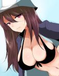  1girl bikini bikini_under_clothes black_bikini blue_background breasts brown_hair front-tie_top girls_und_panzer gradient gradient_background hair_between_eyes hair_over_shoulder halter_top halterneck han_(jackpot) hanging_breasts hat impossible_clothes jitome large_breasts leaning_forward long_hair looking_at_viewer midriff mika_(girls_und_panzer) navel open_clothes parted_lips smile solo swimsuit upper_body violet_eyes 