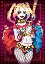  1girl baseball_bat batman_(series) blonde_hair choker dc_comics dip-dyed_hair fishnets harley_quinn jacket lipstick makeup multicolored_hair solo suicide_squad twintails weapon 