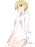  arm_support blonde_hair blue_eyes breasts cowboy_shot dress_shirt highres ino leaning_back long_sleeves looking_at_viewer no_pants otome_function panties parted_lips see-through see-through_silhouette shirt short_hair simple_background sleeves_folded_up small_breasts tatiana_vasilievna_stalina underwear white_background white_panties 