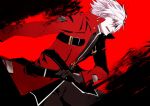  1boy belt blazblue gloves hakama jacket japanese_clothes male_focus military_uniform pale_skin ragna_the_bloodedge red_eyes red_jacket solo uniform white_hair 