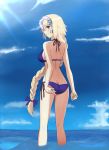  1girl adjusting_clothes adjusting_swimsuit ass bikini blonde_hair blue_sky blush braid breasts butt_crack clouds fate/grand_order fate_(series) flat_ass from_behind highres legs long_braid parted_lips ruler_(fate/apocrypha) shuuzen sideboob single_braid sky solo swimsuit thighs wading water 