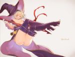  1girl ass bad_proportions bare_shoulders blonde_hair boots breasts djeeta_(granblue_fantasy) dress flat_ass gloves granblue_fantasy hairband hat high_heel_boots high_heels koza_game looking_at_viewer off_shoulder open_mouth puffy_short_sleeves puffy_sleeves purple_boots purple_hat sash short_hair short_sleeves smile solo staff thigh-highs thigh_boots warlock_(granblue_fantasy) white_gloves witch_hat wizard_hat 