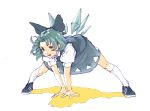  1girl bent_over blue_dress blue_eyes blue_hair bow cirno dress full_body hair_bow highres ice ice_wings keitou puffy_short_sleeves puffy_sleeves ribbon shoes short_hair short_sleeves socks solo touhou wings 