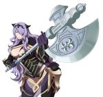  1girl armor axe breasts camilla_(fire_emblem_if) cleavage fire_emblem fire_emblem_if hair_over_one_eye large_breasts looking_at_viewer purple_hair smile solo tiara very_long_hair weapon 