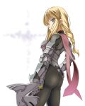  1girl armor ass blue_eyes bodysuit braid contrapposto cowter flat_ass gauntlets hand_on_hip helmet looking_at_viewer looking_back onna_kishi_(maoyuu) original shimotsuki_iko single_braid solo vraid 