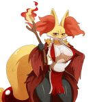  1girl breasts cosplay delphox eric_lowery fatal_fury female fire huge_breasts japanese_clothes king_of_fighters legs looking_at_viewer naugthy_face ninja nintendo pelvic_curtain pokemon shiranui_mai shiranui_mai_(cosplay) simple_background smile snk solo sssonic2 standing stick the_king_of_fighters white_background 