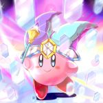  1boy blue_eyes full_body gradient gradient_background hat jester_cap kirby kirby_(series) male_focus mirror nintendo no_humans smile solo wand 