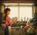  apron brown_hair closed_eyes faucet hanako_(pokemon) kitchen misumi_(niku-kyu) mr._mime plate pokemon pokemon_(anime) ponytail smile spatula window 