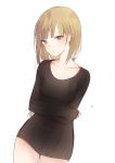  1girl bangs blonde_hair blue_eyes blunt_bangs blush breasts collarbone cowboy_shot crossed_arms long_sleeves looking_at_viewer lp_(hamasa00) lpip no_pants original parted_lips short_hair simple_background sleeves_past_wrists small_breasts solo standing sweater thigh_gap thighs white_background 