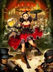  bare_shoulders beer black_hair bloomers boots breasts brown_eyes candle chandelier choker cleavage corset cowboy curly_hair dice feather genzoman hair_ornament happy original ribbon rose_(the_wanderer) saloon saloon_girl smile the_wanderer twintails western 