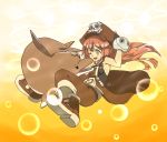  1girl alternate_costume ankle_boots artist_request belt boots breasts brown_hair coattails dolphin fingerless_gloves gloves guilty_gear guilty_gear_xrd hat long_hair may_(guilty_gear) orange_background pirate_hat skull_and_crossbones small_breasts smile yellow_eyes 
