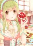  1girl blush cream earrings female flower food green_eyes green_hair gumi hair_ornament headdress highres jewelry kirakira0926k long_hair looking_at_viewer matching_hair/eyes open_mouth rose short_hair solo strawberry sunlight sweets vocaloid 